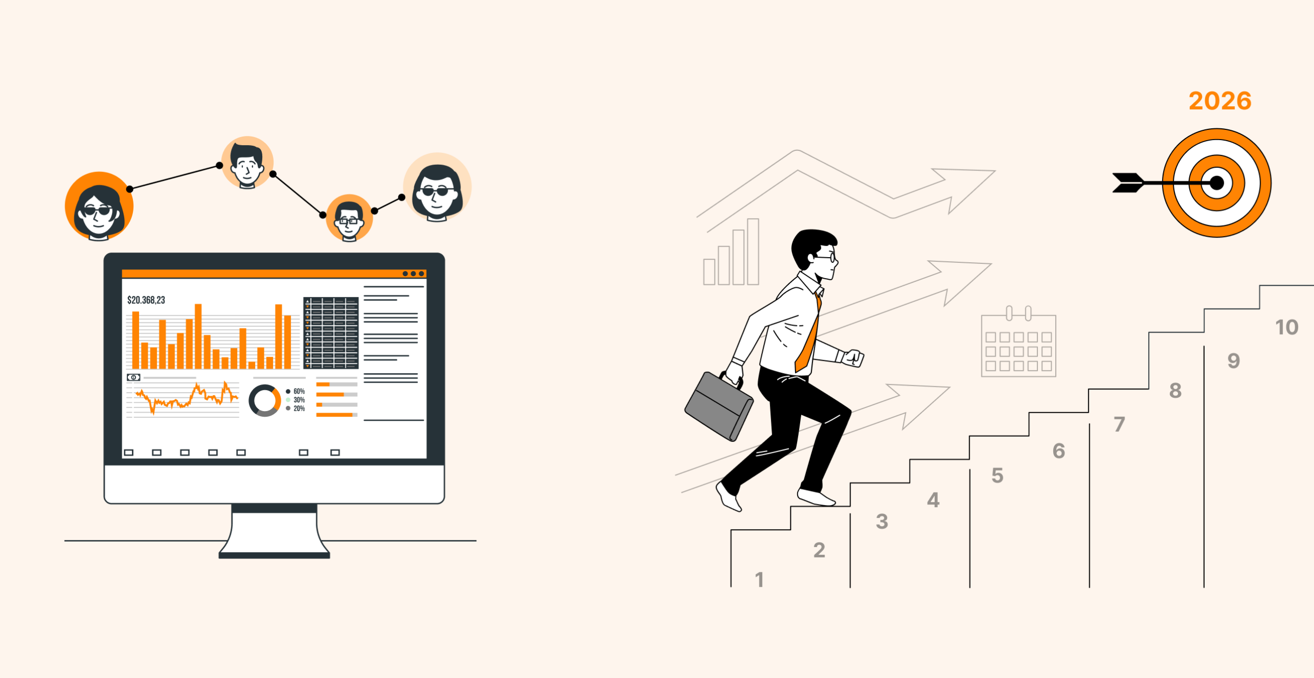 Business growth illustrated with data analytics, teamwork, and a man climbing steps towards a target labeled 2026.
