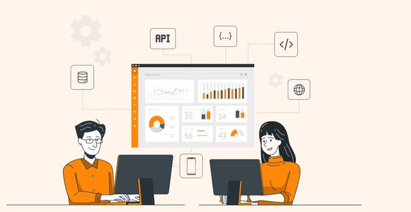 Illustration of two people working on computers analyzing data and charts with tech icons like API and coding surrounding them.