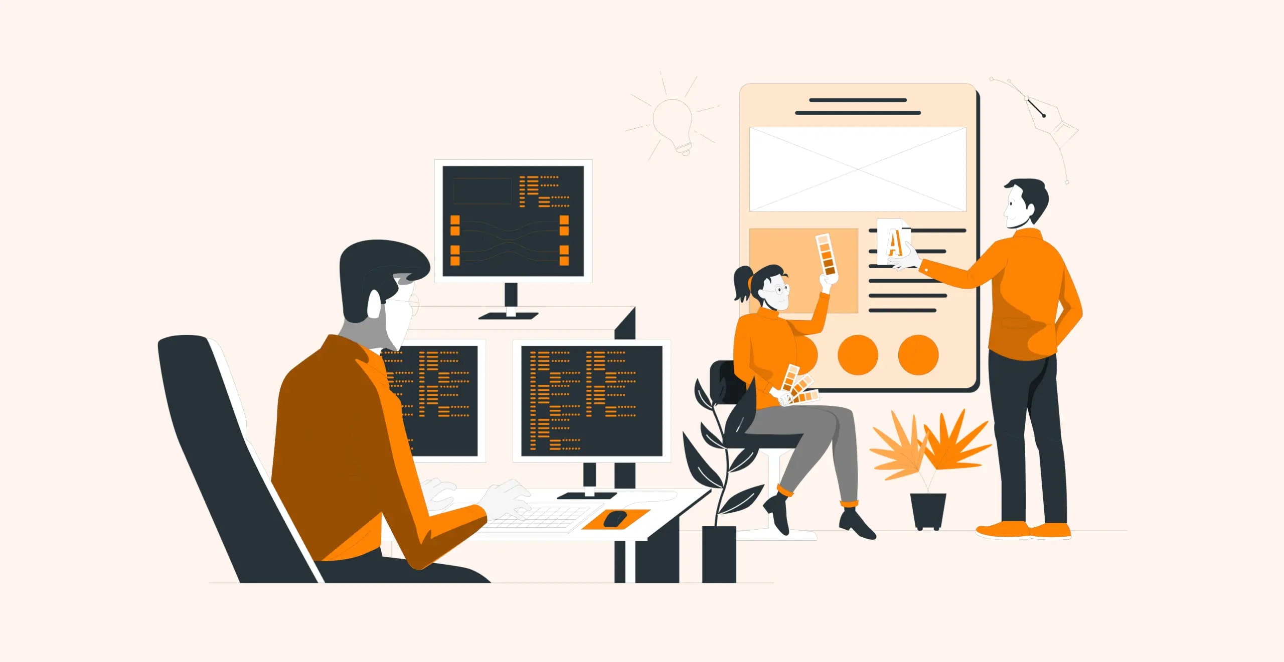 Team collaborating on web design with computers and UI prototypes, showcasing teamwork and creativity.