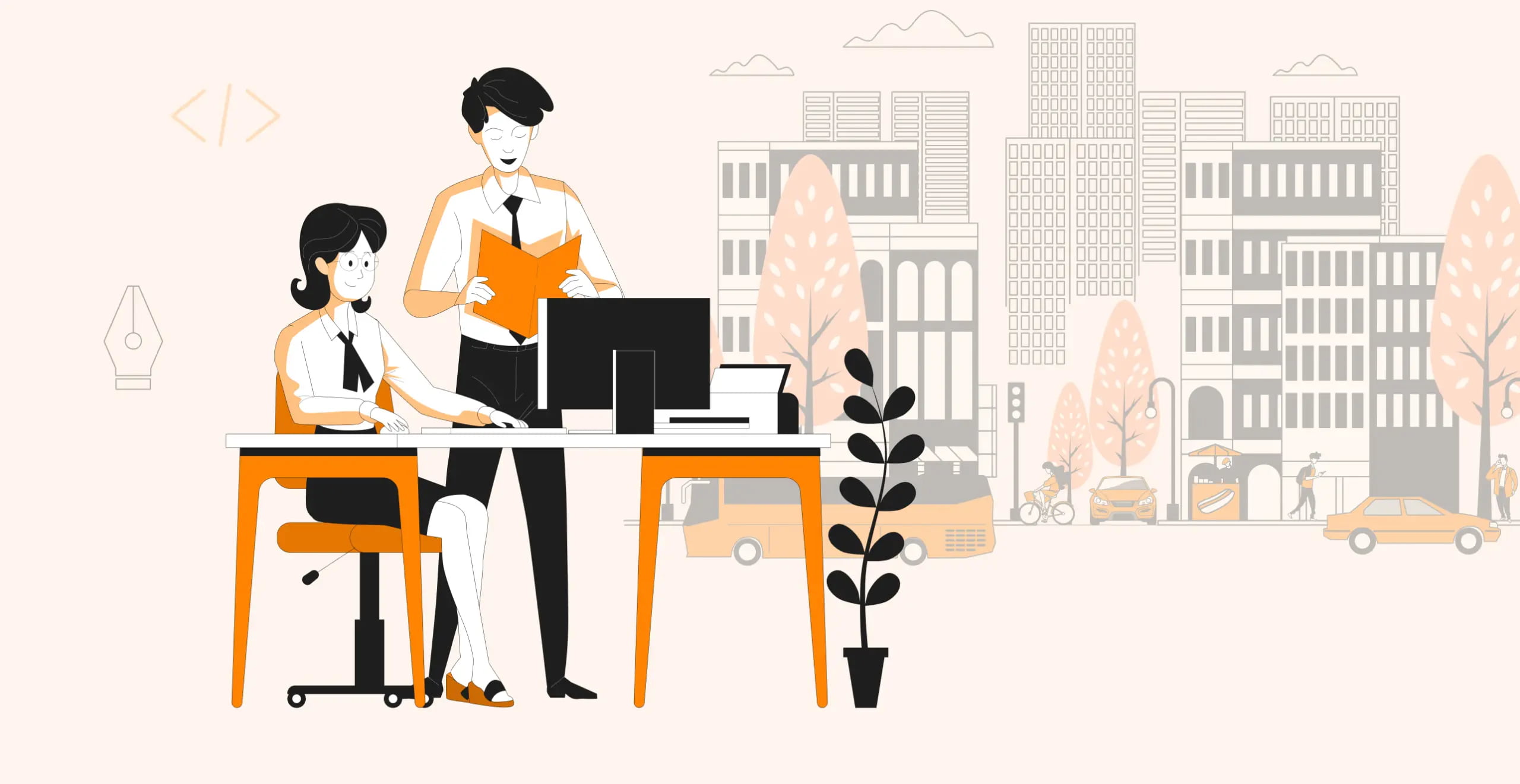 Two colleagues collaborating at desk with cityscape background. Office teamwork concept illustration.