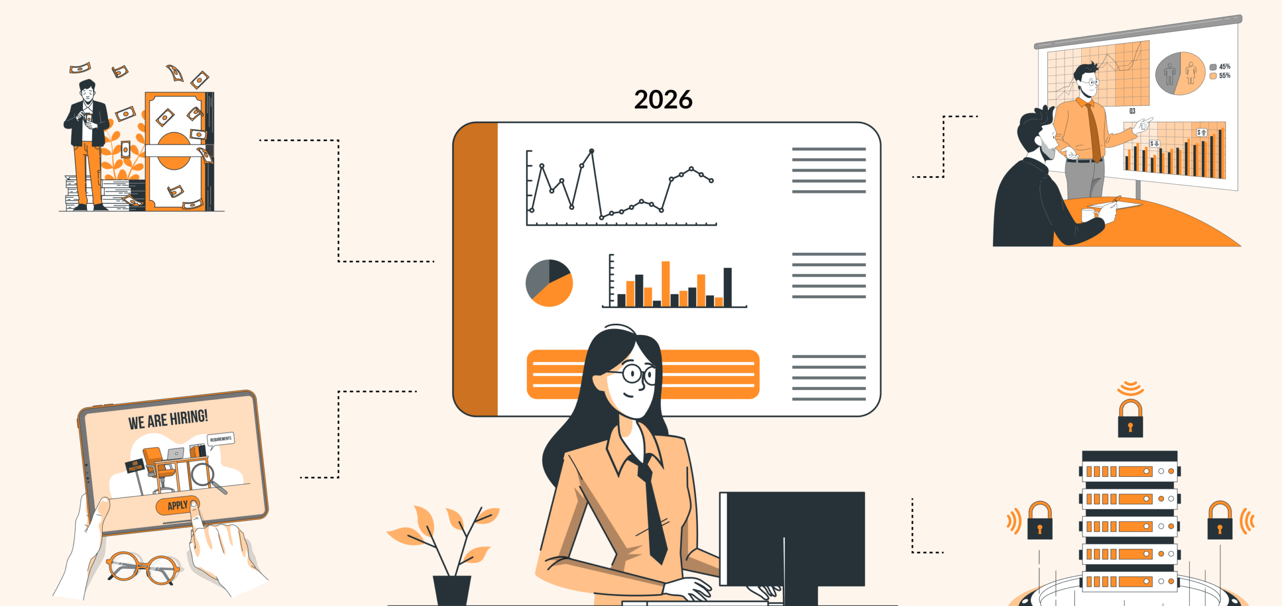 Business strategy 2026: financial growth charts, job hiring, and secure data management illustrations.