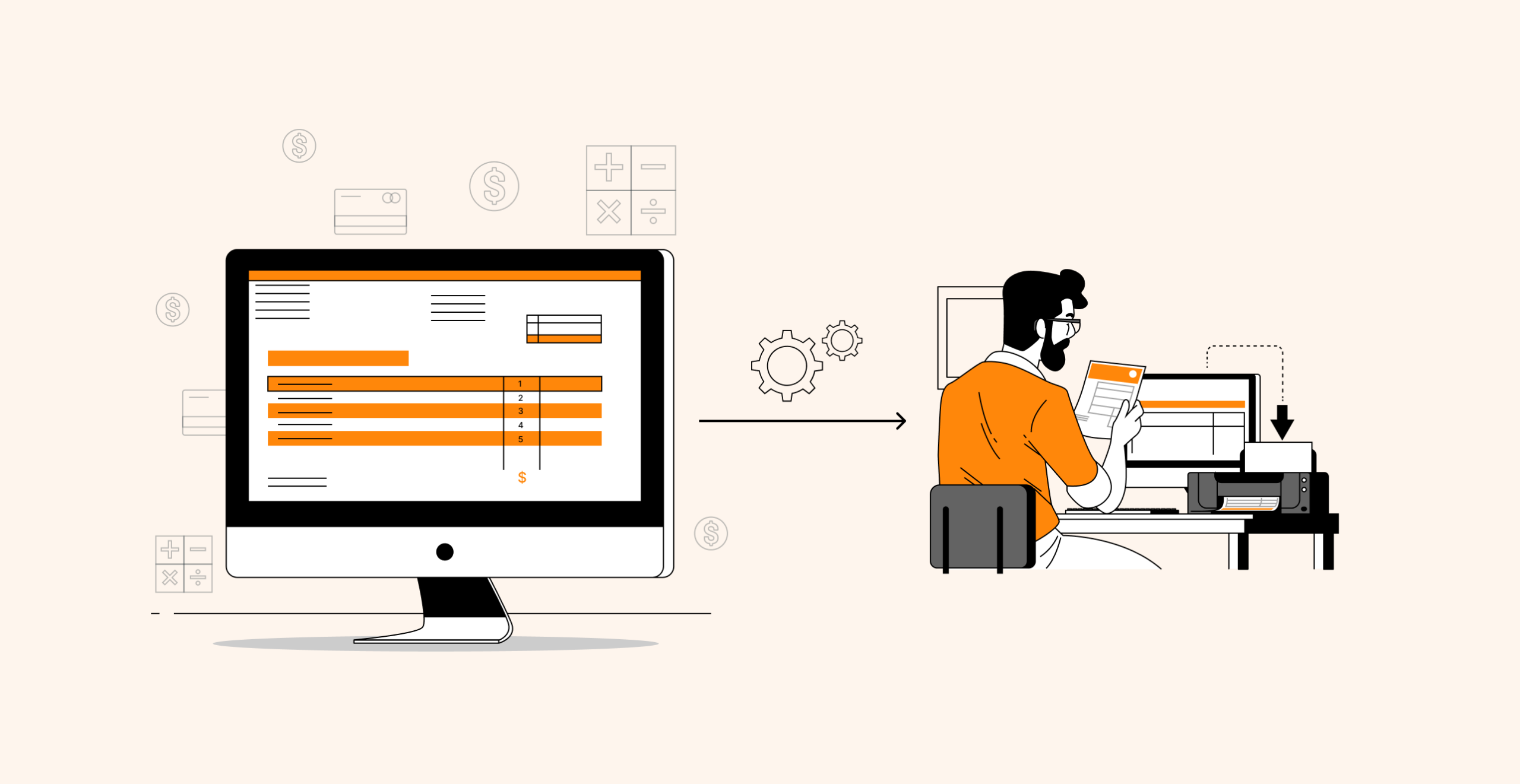 Illustration of a person processing financial data from computer to printer, symbolizing data management.