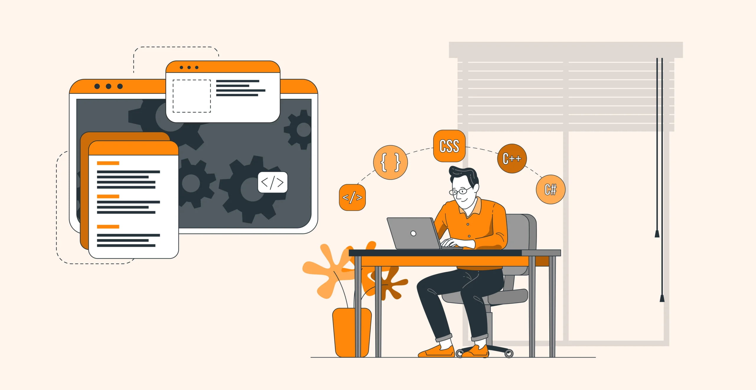 Illustration of a programmer coding at a desk, surrounded by HTML, CSS, C++, and C# icons.