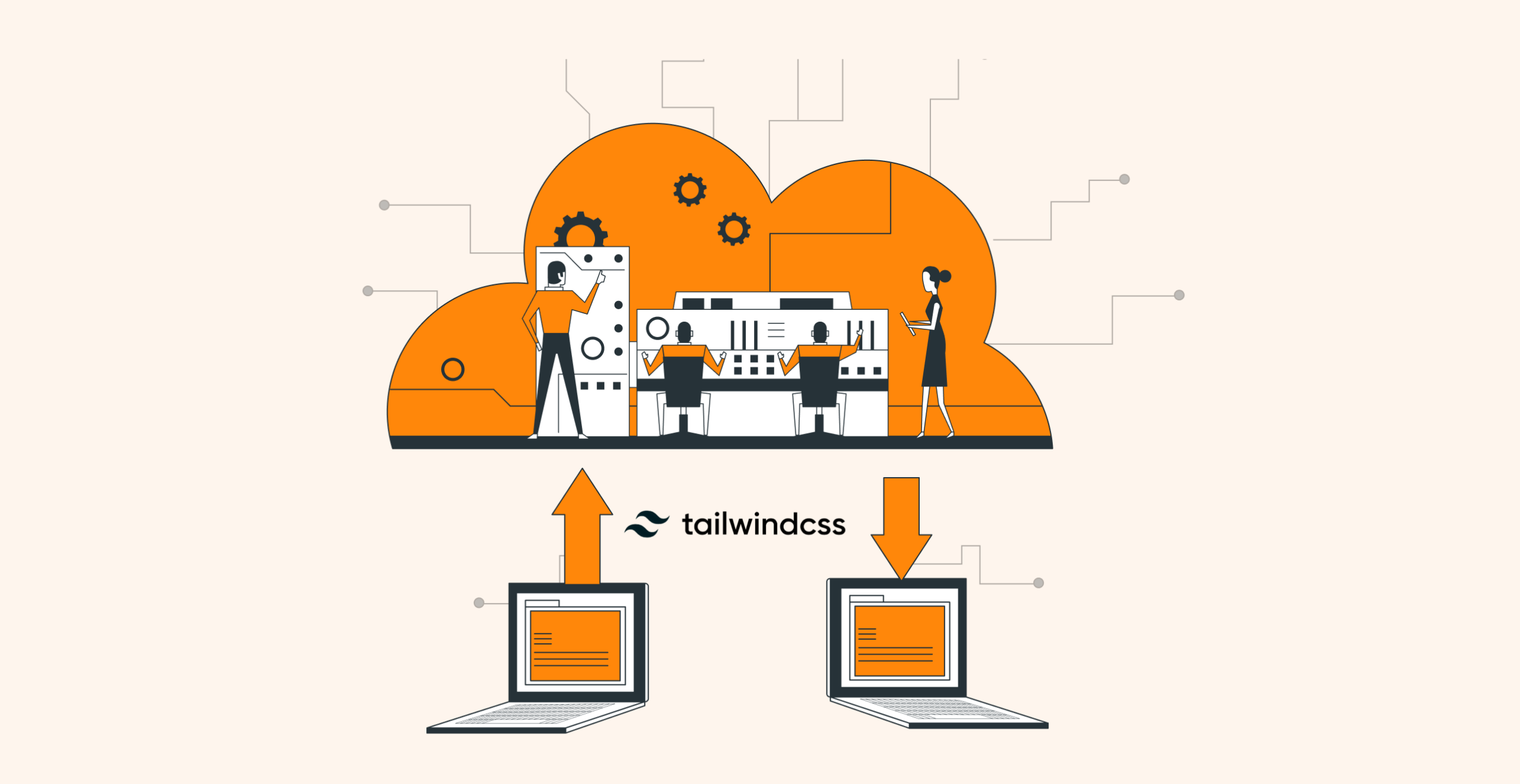 Illustration of team using Tailwind CSS with cloud technology for web development, laptops connected below.