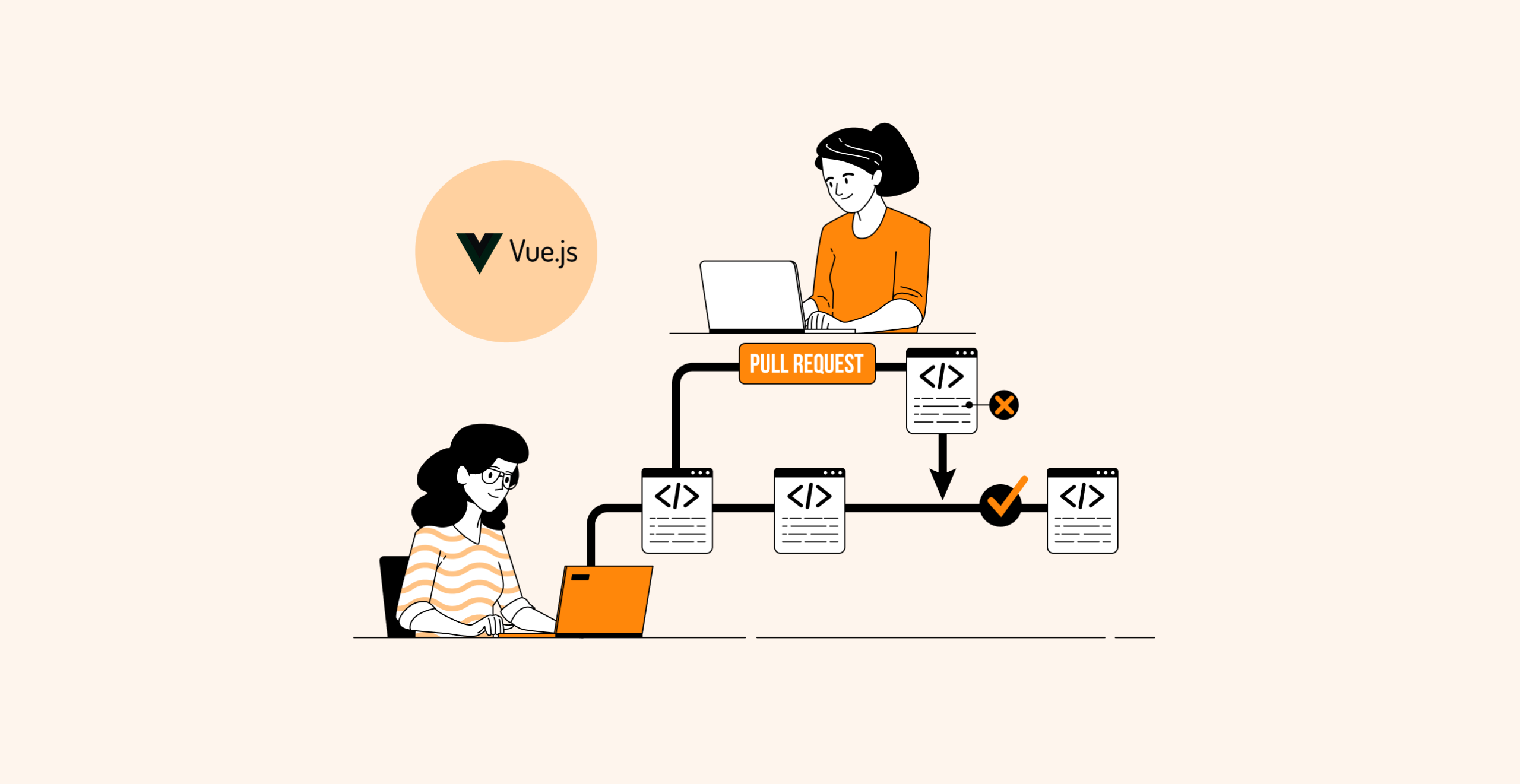 Illustration of developers managing Vue.js pull requests and code reviews on laptops.