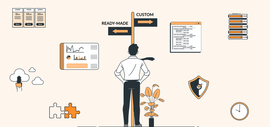 Man deciding between ready-made or custom solutions with graphs, pricing, and security icons around him.