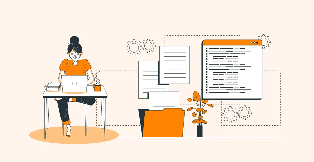 Illustration of a person working on a laptop surrounded by files, code, gears, and coffee, symbolizing productivity.