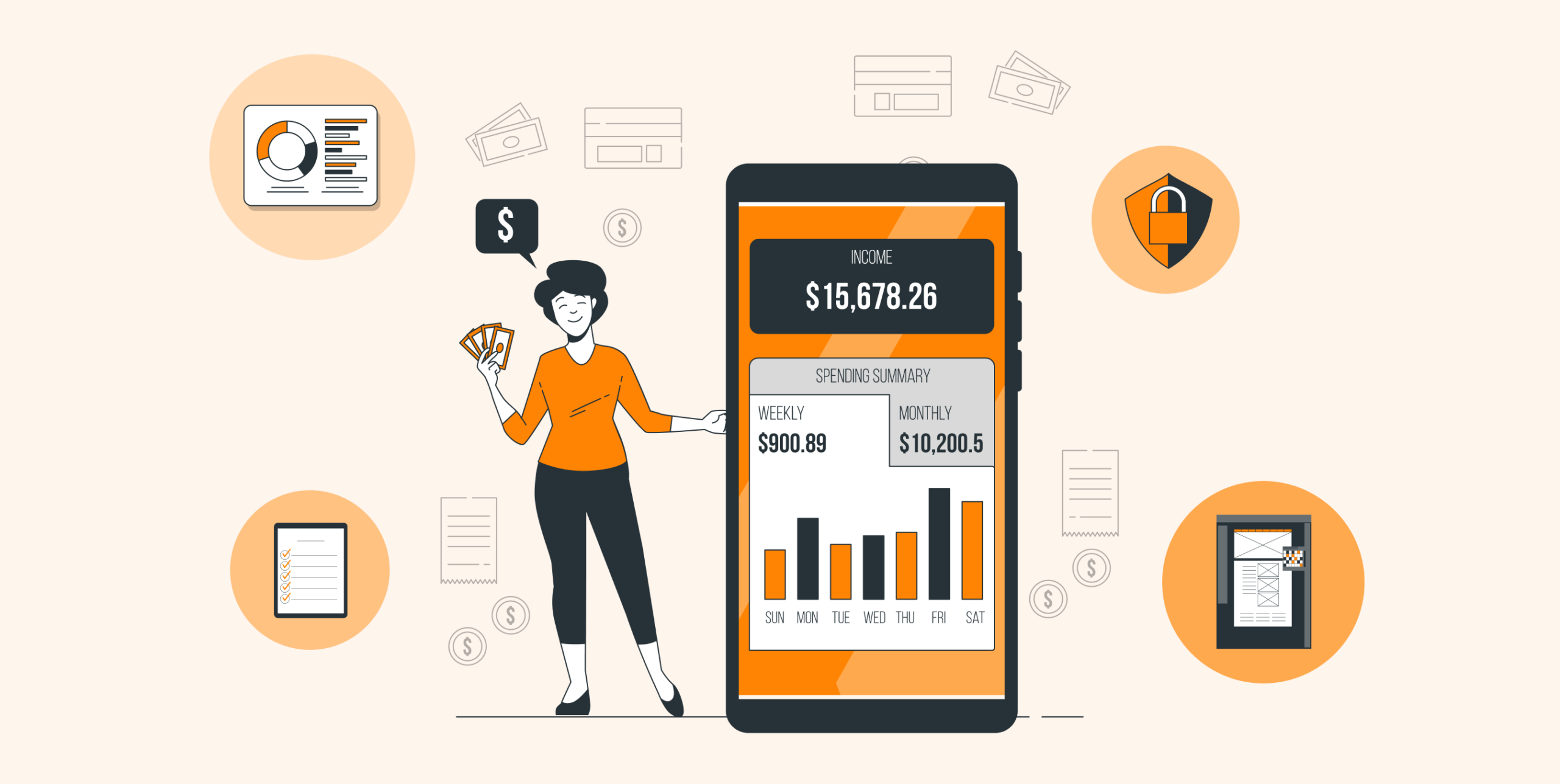 Illustration of a person managing finances on a mobile app with graphs and security icons.