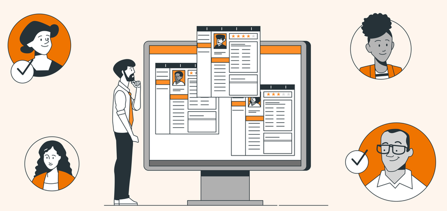 Illustration of a man analyzing resumes on a computer screen with profiles of people and checkmarks.