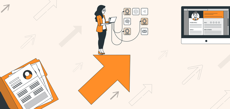 Illustration of a woman using a laptop on an arrow, surrounded by digital icons, a resume, and a computer screen.