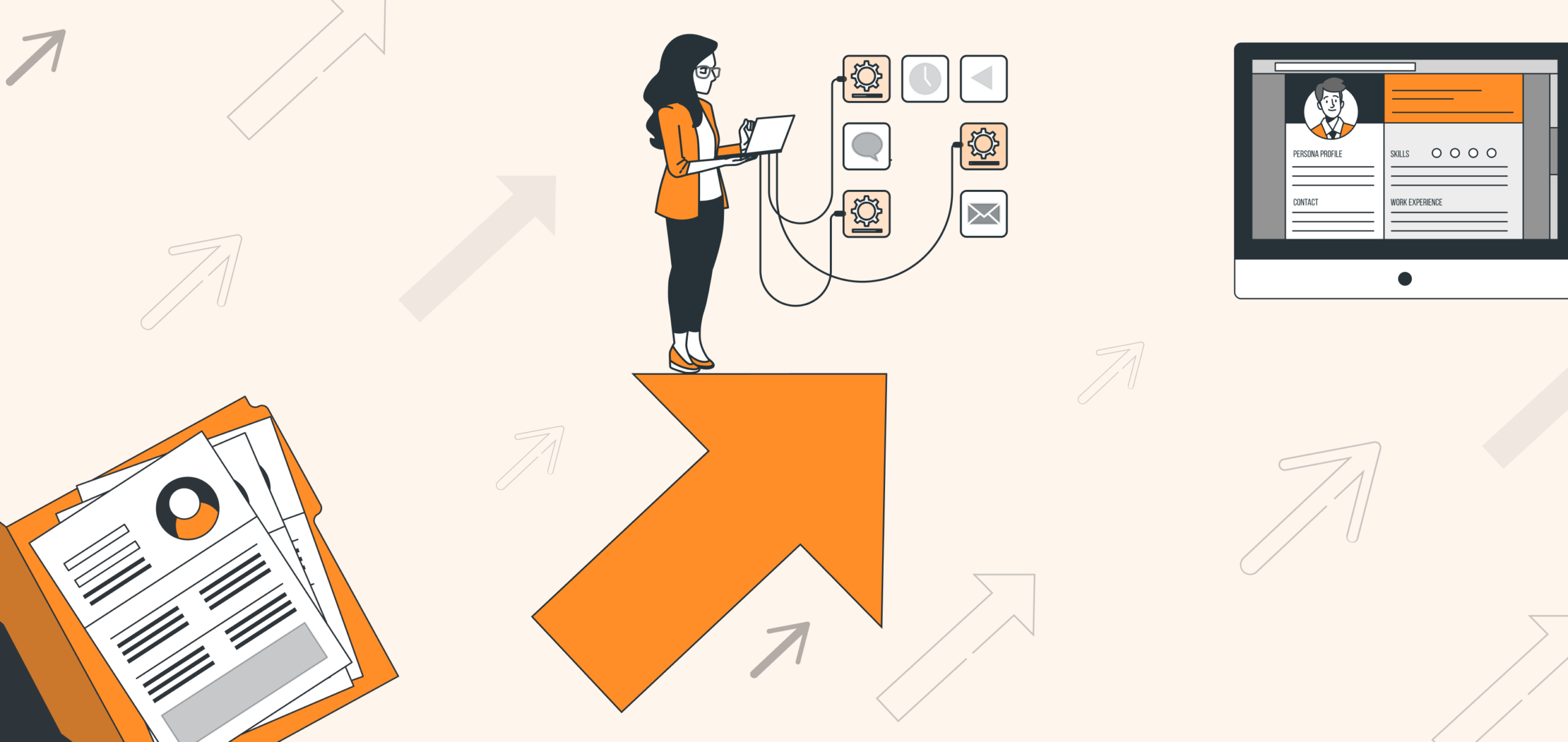 Illustration of a woman using a laptop on an arrow, surrounded by digital icons, a resume, and a computer screen.