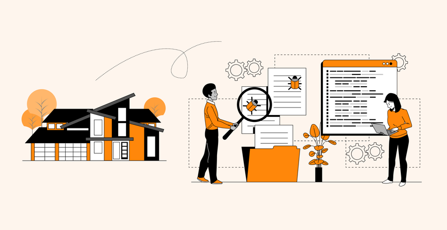 Illustration of developers debugging code, using magnifying glass and laptop, with a house and gears in background.
