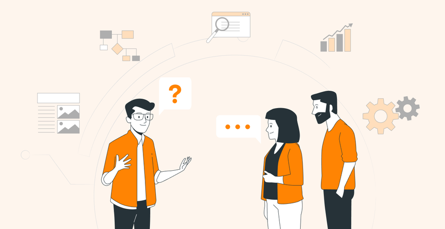 Illustration of three people discussing SEO strategies with charts and gears in the background.