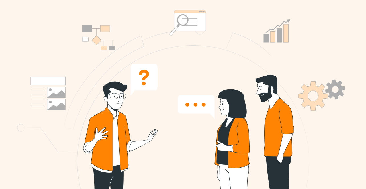 Illustration of three people discussing SEO strategies with charts and gears in the background.
