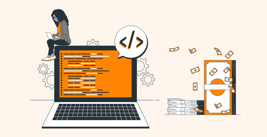 Laptop with code and money illustration, symbolizing earning through programming or coding skills.