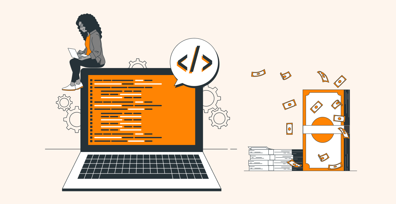 Laptop with code and money illustration, symbolizing earning through programming or coding skills.