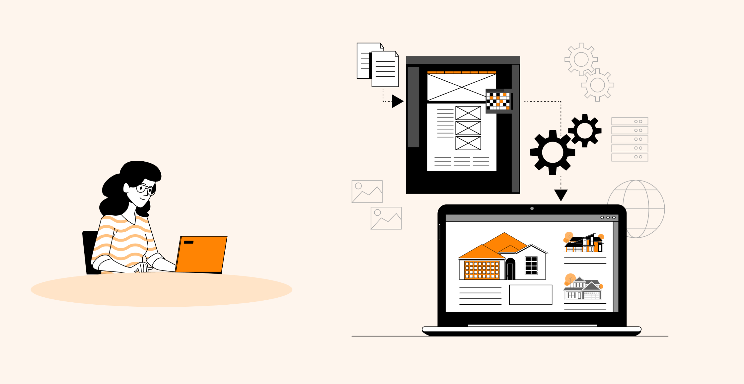 Illustration of a woman working on web development, highlighting design to implementation process with gears and laptop.