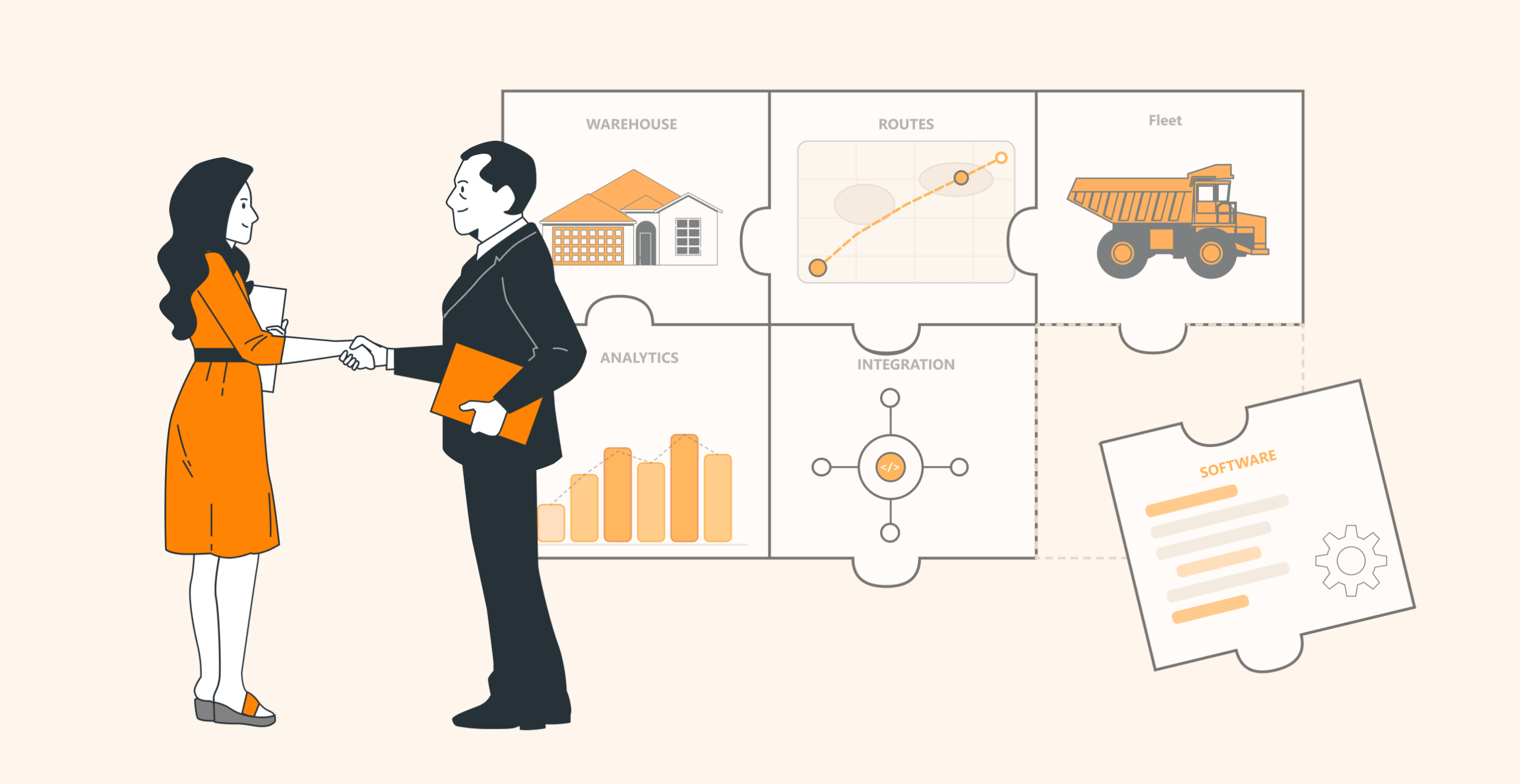 Two business professionals shaking hands with logistics icons in the background, including warehouse and analytics.