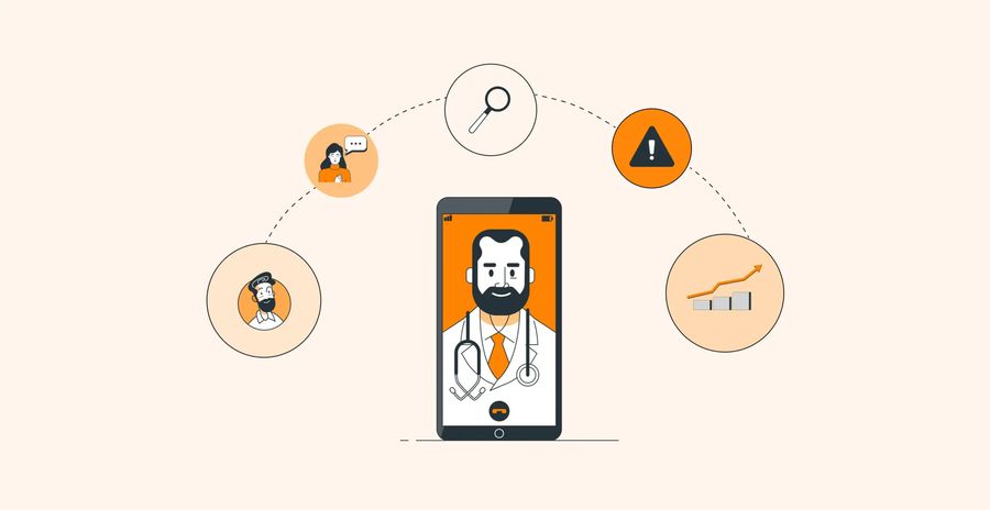 Illustration of telemedicine concept with a doctor on a smartphone connecting patients and data-driven insights.