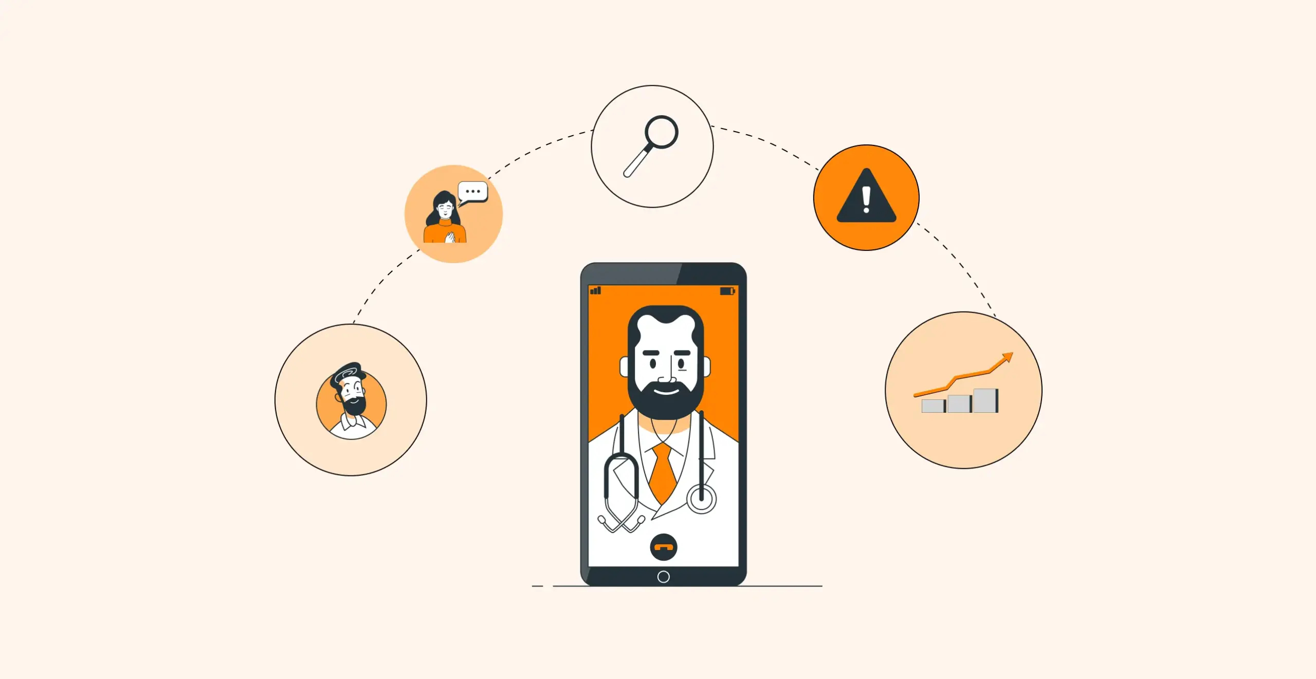 Illustration of telemedicine concept with a doctor on a smartphone connecting patients and data-driven insights.