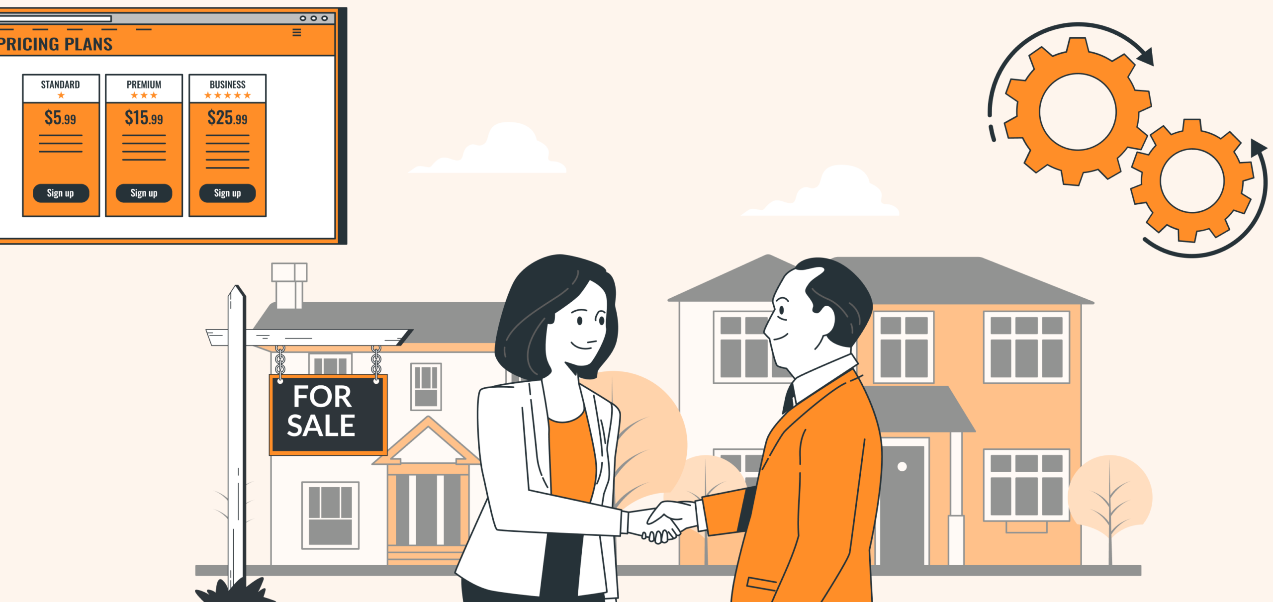 Illustration of real estate agreement with handshake, pricing plans, and gears symbolizing business operations.