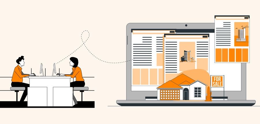 Two people working at desks, connected to a laptop displaying real estate listings.