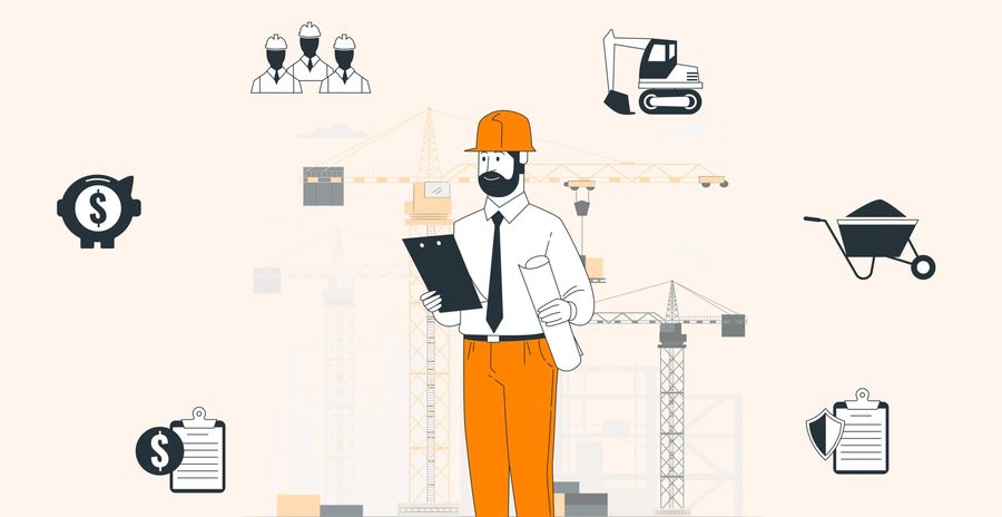 Illustration of a construction worker with plans, surrounded by icons of tools, machinery, and finance, symbolizing planning.
