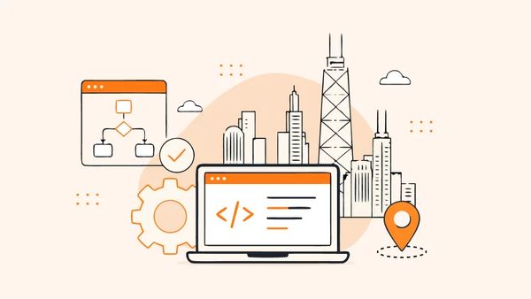 Illustration of a laptop displaying code symbols surrounded by Chicago city skyline, workflow diagrams, gears, and a location pin, representing custom software development services in Chicago