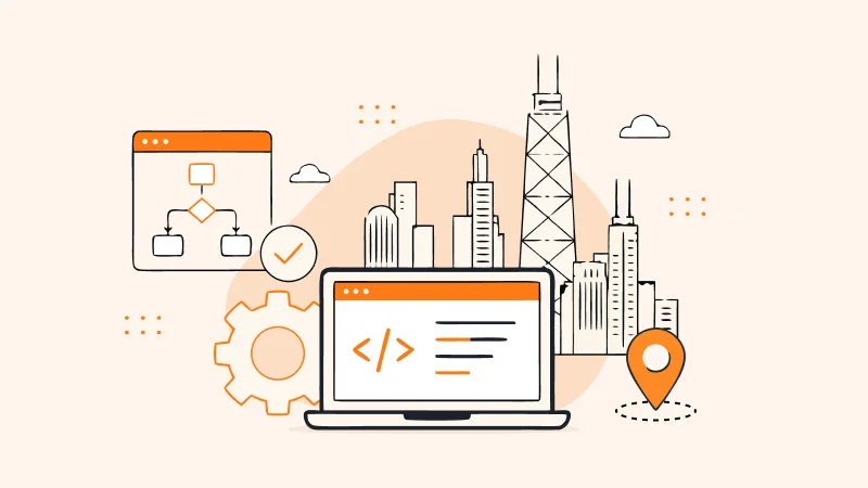 Illustration of a laptop displaying code symbols surrounded by Chicago city skyline, workflow diagrams, gears, and a location pin, representing custom software development services in Chicago