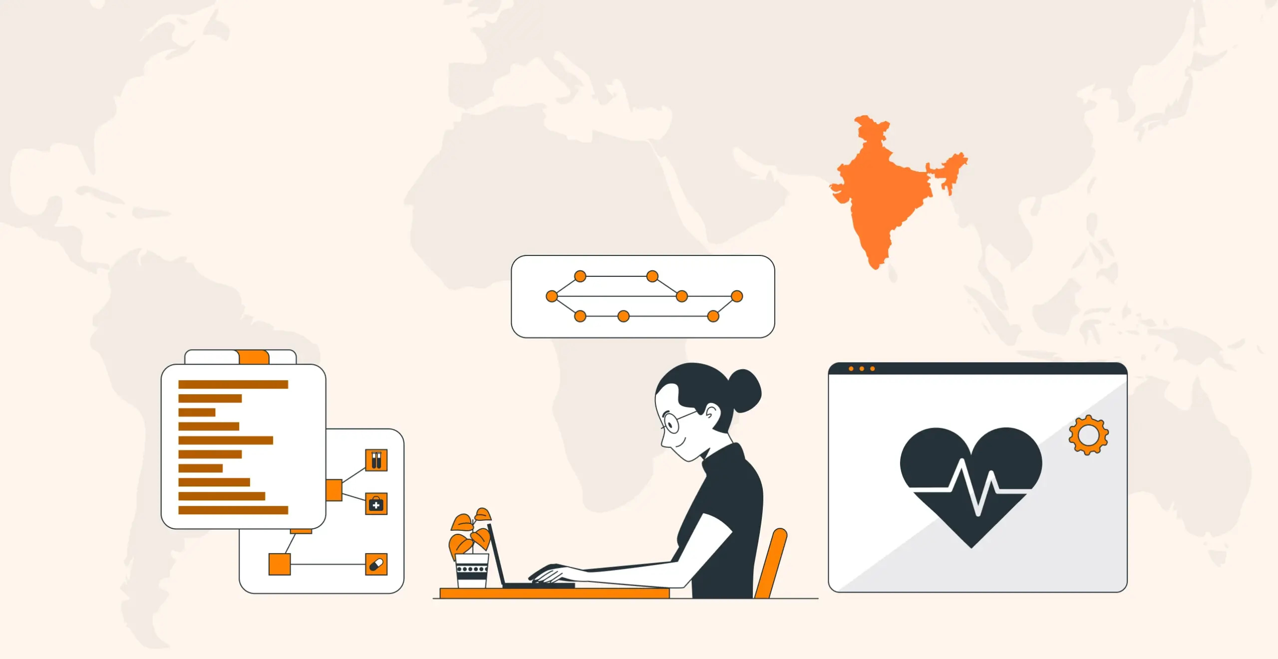 Person at computer with data and heart monitor icons, India map in background, symbolizing tech and healthcare integration.