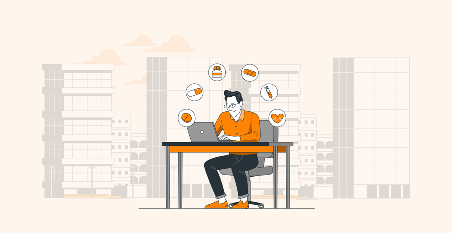Illustration of a person using a laptop, surrounded by health-related icons, representing online healthcare management.