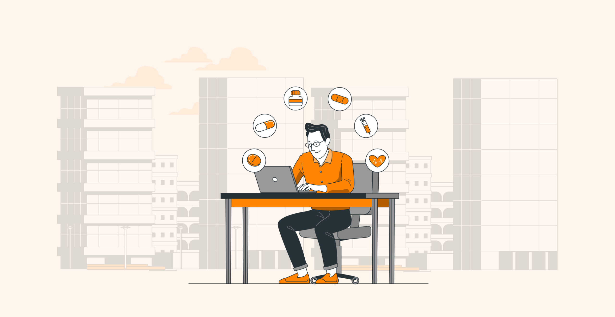 Illustration of a person using a laptop, surrounded by health-related icons, representing online healthcare management.