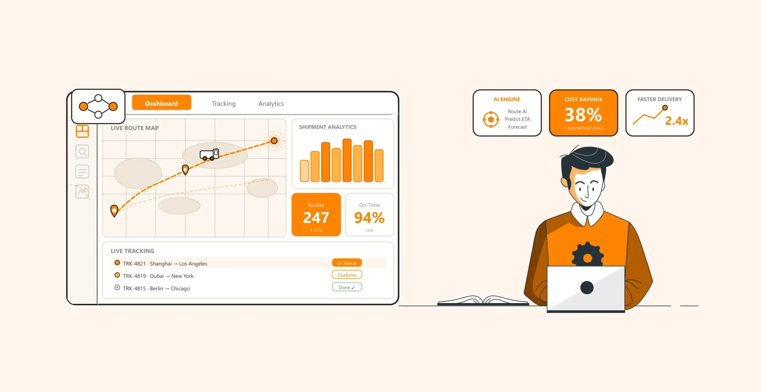 AI logistics dashboard displays shipment analytics, cost savings, and delivery improvements with live route tracking.