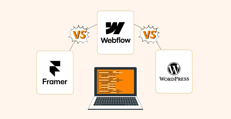 Webflow vs WordPress vs Framer comparison, illustration
