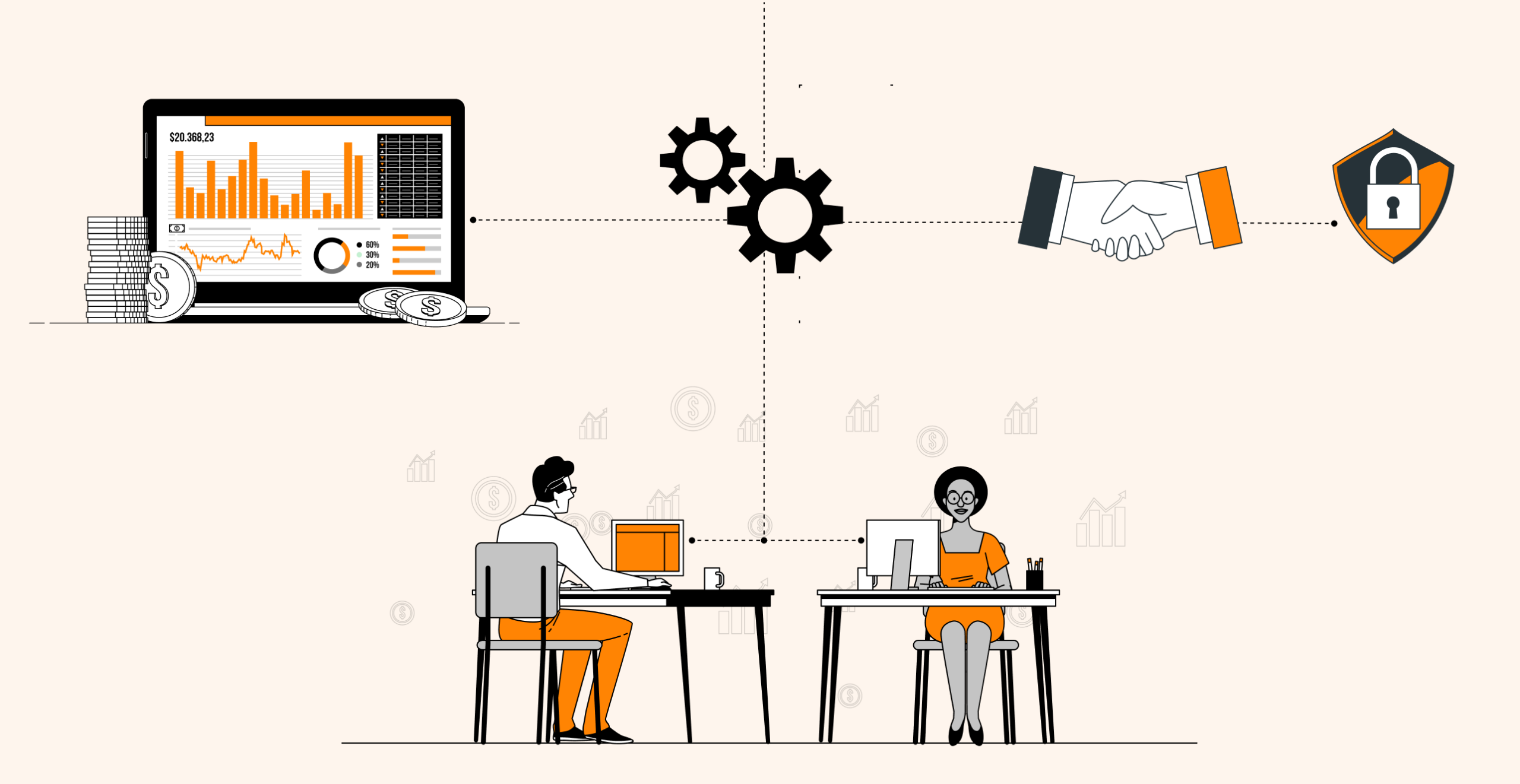 Two people at desks with a laptop showing graphs, gears, handshake, and security shield, symbolizing business collaboration.