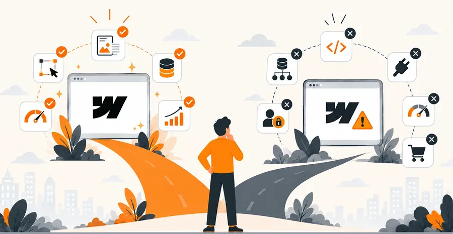 Person at a fork in the road choosing between Webflow's strengths, such as visual design, CMS, speed and SEO, and its limits, such as custom code, complex databases, user logins, plugins and e-commerce.