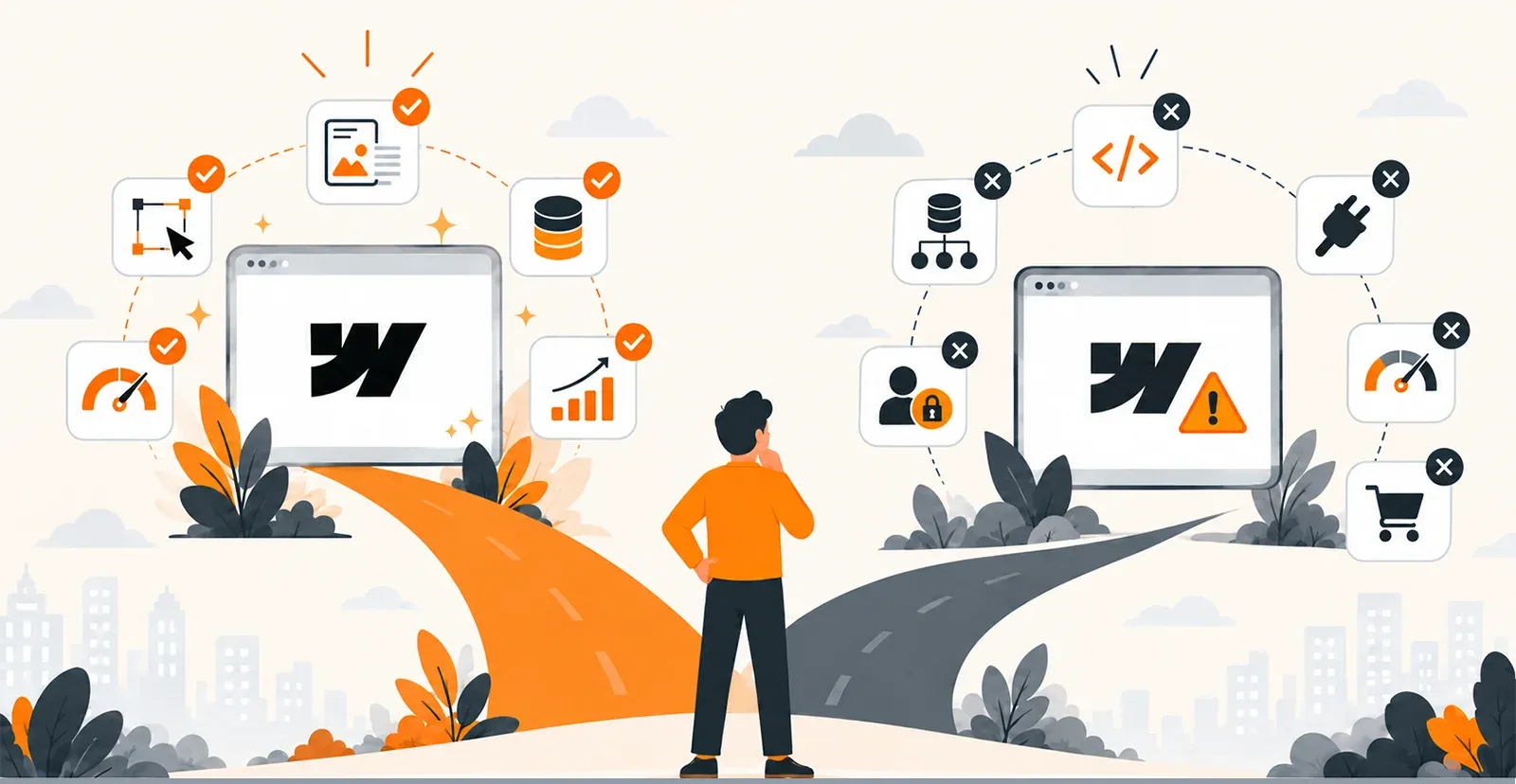 Person at a fork in the road choosing between Webflow's strengths, such as visual design, CMS, speed and SEO, and its limits, such as custom code, complex databases, user logins, plugins and e-commerce.