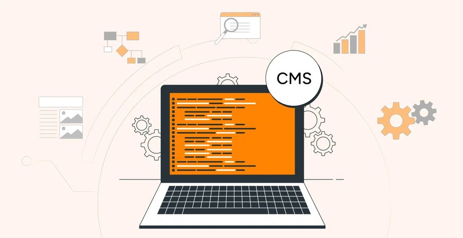 Webflow CMS explained, developer with CMS laptop illustration