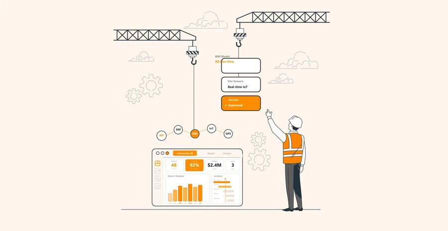 Illustration of construction management system with data analytics and IoT, featuring a worker overseeing project progress.