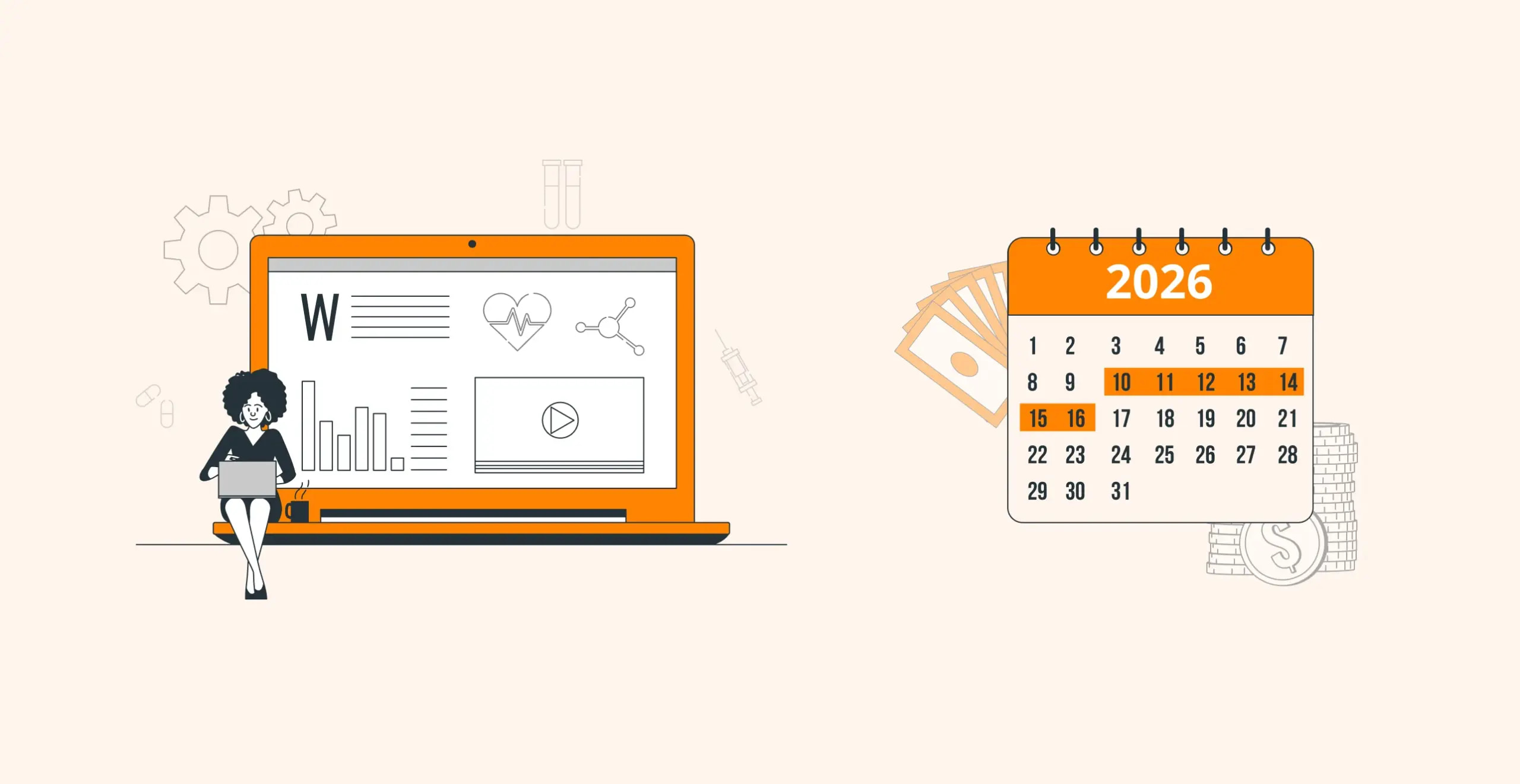 Illustration of a woman using a laptop with data graphics beside a 2026 calendar, highlighting tech scheduling.