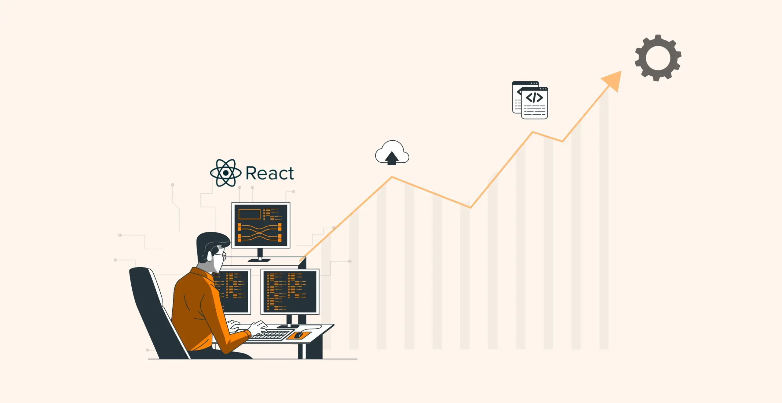 Developer coding in React with growth chart, illustrating skill improvement and tech proficiency.
