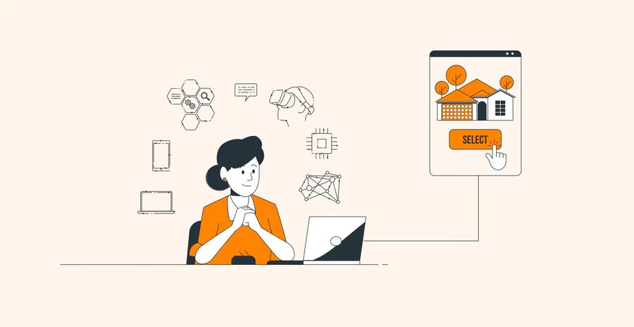 Illustration of woman at laptop with digital icons and house selection screen, showcasing technology and decision-making.